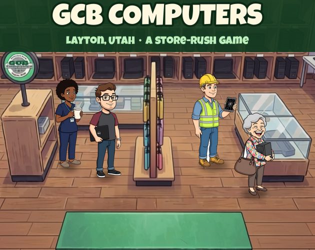 GCB Computers: cartoon store crew and a customer at the counter
