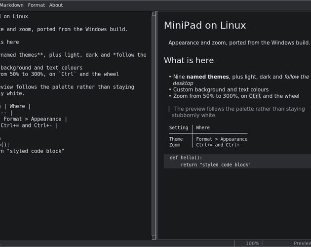 MiniPad: a dark notepad with a live formatted preview